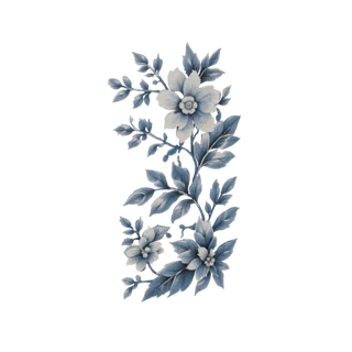 Um modelo 3D de um ramo em estilo vintage com delicadas flores e folhas azuis, apresentado contra um fundo branco.