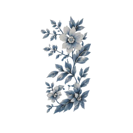 Ein 3D-Modell eines vintage-Stil Zweigs mit zarten blauen Blumen und Blättern, präsentiert vor weißem Hintergrund.