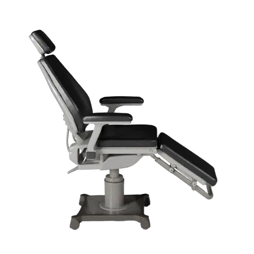 Surgical Exam Chair Stylized 3D model, stylized isometric render, showing painted metal, clinical silhouette.