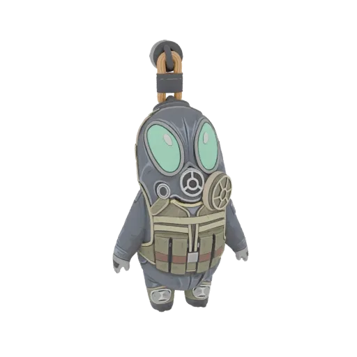 3D model of a cute, chibi-style character wearing a gas mask and tactical vest, with a loop for hanging.