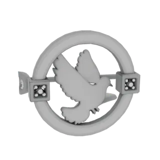3D model of a dove of peace brooch, featuring a dove in flight within a circular frame with decorative cubic elements.