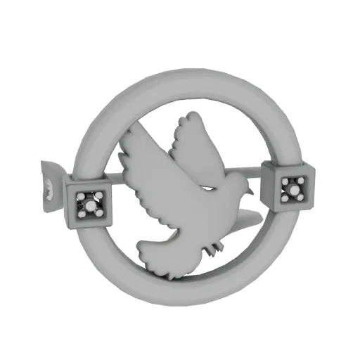 3D model of a dove of peace brooch, featuring a dove in flight within a circular frame with decorative cubic elements.