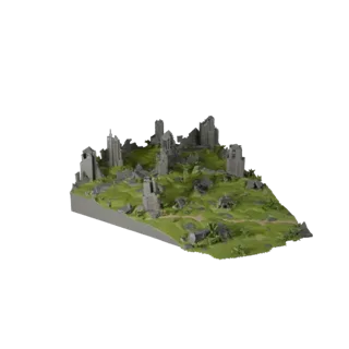 Ruined City Overgrowth Biome Unity 3D model, isometric viewport view, showing terrain layers, built remnants.