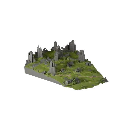 Ruined City Overgrowth Biome Unity 3D model, isometric viewport view, showing terrain layers, built remnants.