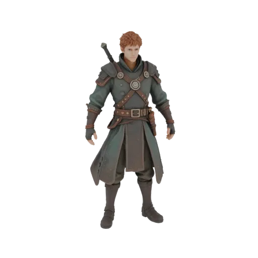 3D model of a fantasy warrior in a green tunic and leather armor with a sword on their back, standing on a white background.