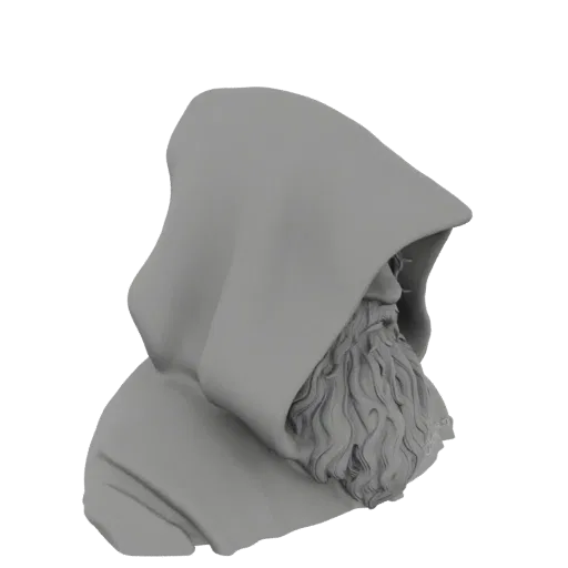 3D model render of a hooded ancient sage bust with a long, flowing beard, presented against a black background.