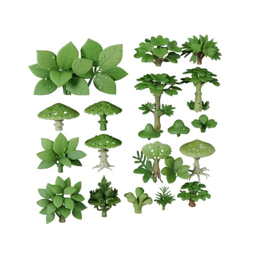Alien Mushroom Grove Modular 3D model, isometric modular kit view, showing leaf clusters, layered vegetation clusters.