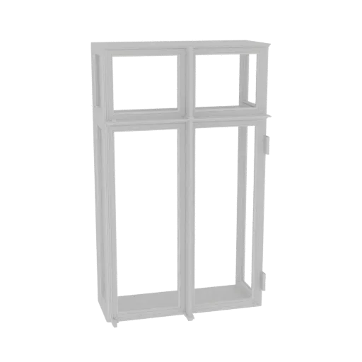 3D model of a modern white window frame with two upper and two lower panes, presented on a white background.