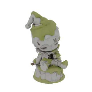 3D model of a melting jester figurine, seated with a pointed hat and ruffled collar, appearing to drip and flow.