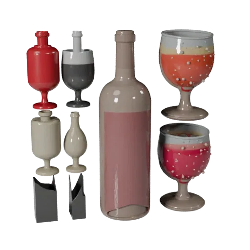 Wine Bottle game ready 3D model, studio profile shot, with calibrated drink silhouette and material reads.
