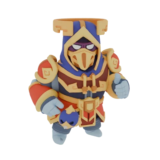 3D model render of a mystic warrior with a blue hood, ornate gold and red armor, and a masked face, giving a thumbs-up.