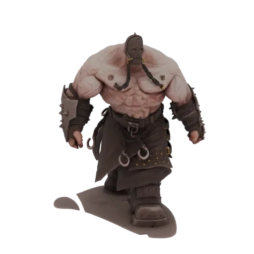 3D model of a brutal warrior with a menacing mask, muscular body, and dark leather armor, standing on a display base.