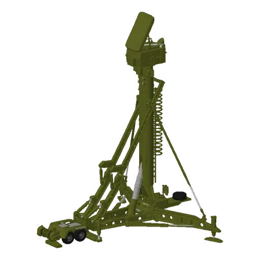 3D model of a mobile radar system with a green olive-drab finish, featuring a tripod base and an elevated antenna.
