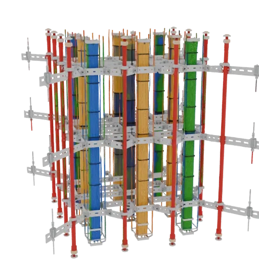 3D model of an industrial cable management system with colorful conduits and grey support structures.
