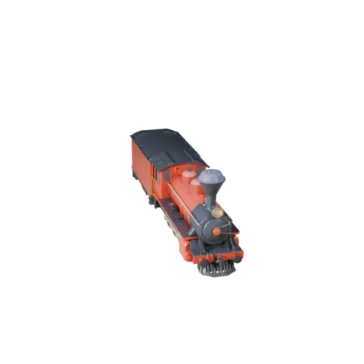 Modèle 3D de train à vapeur vintage style dessin animé, vue studio trois-quarts, actif de véhicule stylisé avec profil prêt p