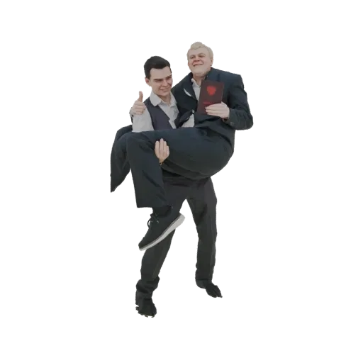 3D model of a man in a suit carrying another man who holds a red book and gives a thumbs-up.