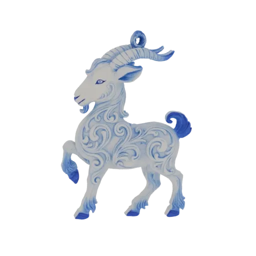 A 3D model render of a white goat ornament with blue swirl patterns, standing on its hind legs with one foreleg raised.