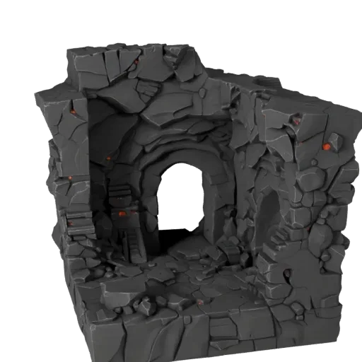 Lava Cave Chamber Unity 3D model, isometric viewport view, showing aged stone, lava channels.