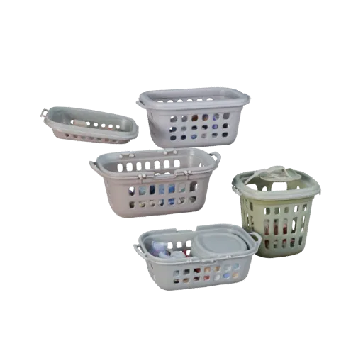 Cluttered Laundry Basket High Poly 3D model, close-up studio render, showing ceramic, recognizable everyday shapes.