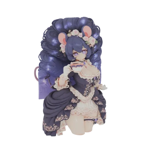 3D model render of a Victorian-style mouse girl with large purple eyes, dark dress, floral crown, holding a teacup.