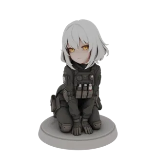 3D model render of a cute anime girl with white hair and yellow eyes, wearing a detailed tactical vest and uniform, in a seat