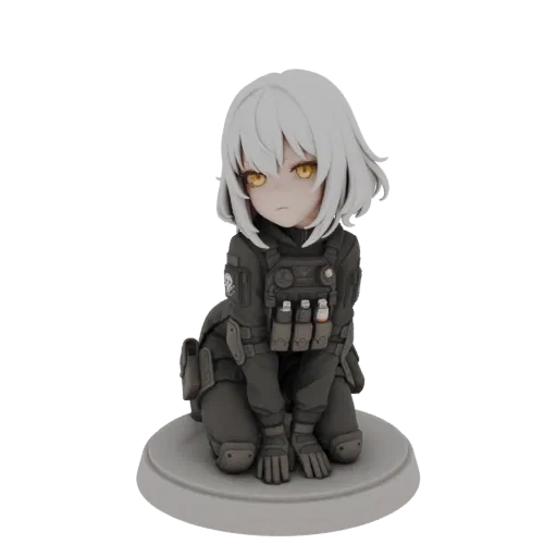 3D model render of a cute anime girl with white hair and yellow eyes, wearing a detailed tactical vest and uniform, in a seat