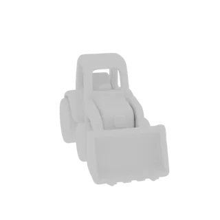 Uma renderização 3D de uma retroescavadora branca e sem textura com a caçamba frontal levantada.
