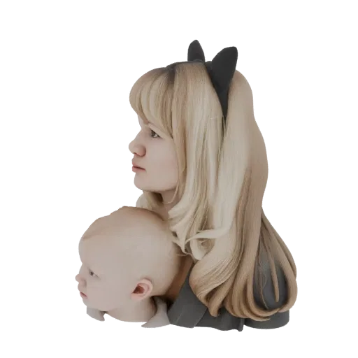 3D model of a mother holding a baby, both wearing cat ears, rendered against a white background.