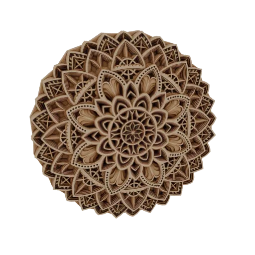 A detailed 3D model of a layered mandala wall art with intricate geometric and floral patterns, rendered with a natural wood