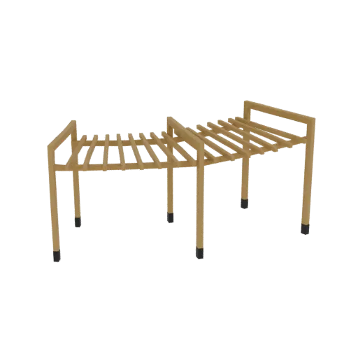 3D model of a modern wooden pergola with a slatted roof, supported by four wooden posts.