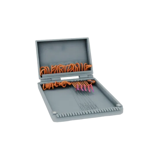 3D model of an open gray fishing tackle box filled with orange and pink lures and fishing line.