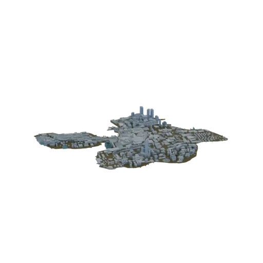 3D render of a futuristic city built on a large floating island, showcasing detailed skyscrapers and urban structures.