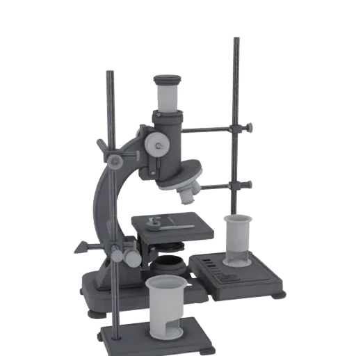 Modelo 3D imprimível de Microscópio de Sala de Aula, renderização isométrica STL, mostrando vidro, formas de laboratório reconhecíveis.
