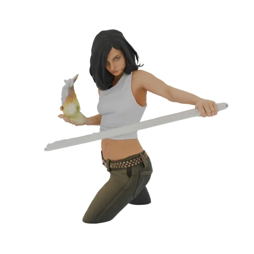 Modelo 3D de mujer guerrera en pose dinámica, sosteniendo cóctel molotov y espada, con expresión decidida.