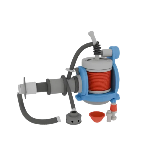 3D model of "Malysh" vibratory pump with red coil, blue housing, and gray hoses, on a black background.