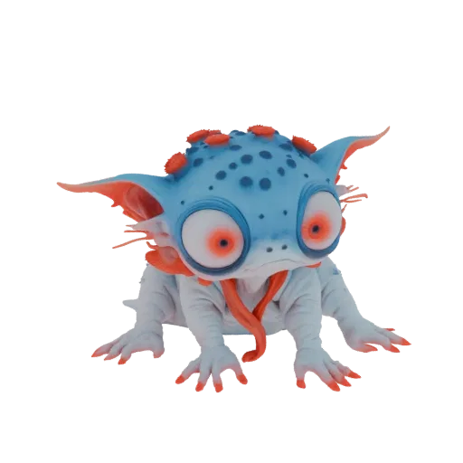 A 3D render of a small, blue, fantasy creature with large, wide eyes, orange frills, and orange bumps on its head, standing o