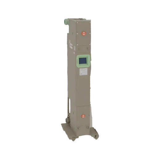 3D model of a tall, beige industrial control panel with a green-framed digital display and red emergency stop buttons.