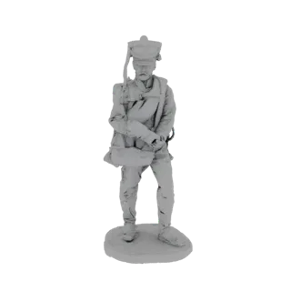 3D model of a 19th-century soldier standing with a musket and a satchel, rendered in gray on a white background.