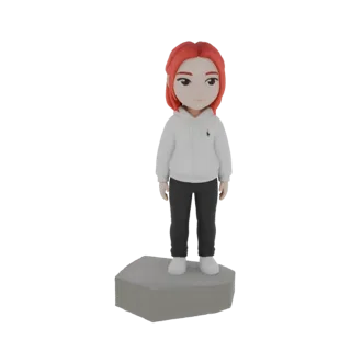 3D render of a stylized young girl with red hair, wearing a white hoodie and black pants, standing on a grey hexagonal base.