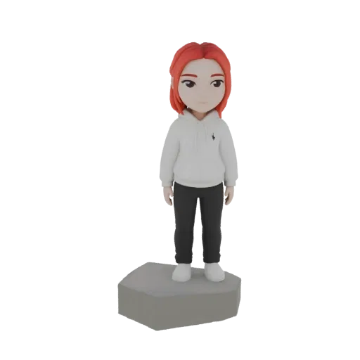 3D render of a stylized young girl with red hair, wearing a white hoodie and black pants, standing on a grey hexagonal base.
