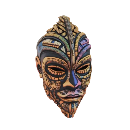 A detailed 3D model of a tribal warrior mask with intricate carvings and a vibrant, multi-colored finish.