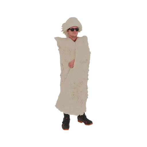 3D model of a person wearing a textured cream-colored winter outfit and hat, with sunglasses.