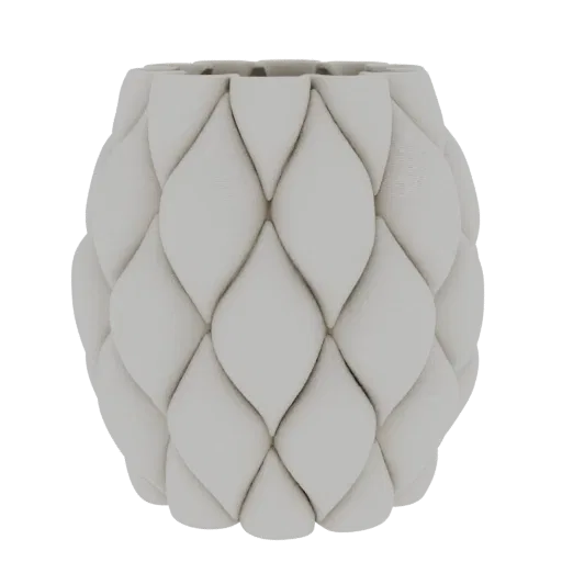 Una renderización 3D de un jarrón de color claro con un patrón geométrico acolchado único, sobre un fondo blanco.