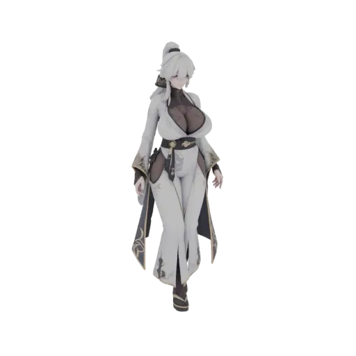 3D model of an elegant woman wearing a white kimono with gold trim, styled hair, and a graceful pose.