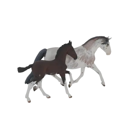 3D model of a dappled adult horse walking alongside its dark brown foal, both captured in a natural, dynamic pose.