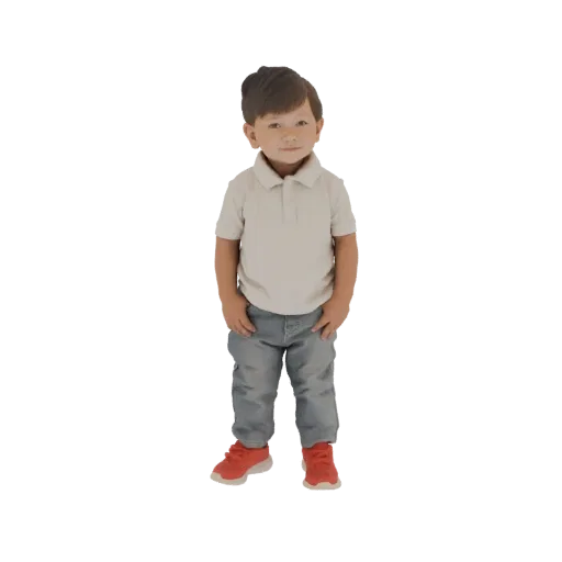 3D-Modell eines jungen stehenden Jungen, trägt ein helles Poloshirt, Jeans und rote Turnschuhe.