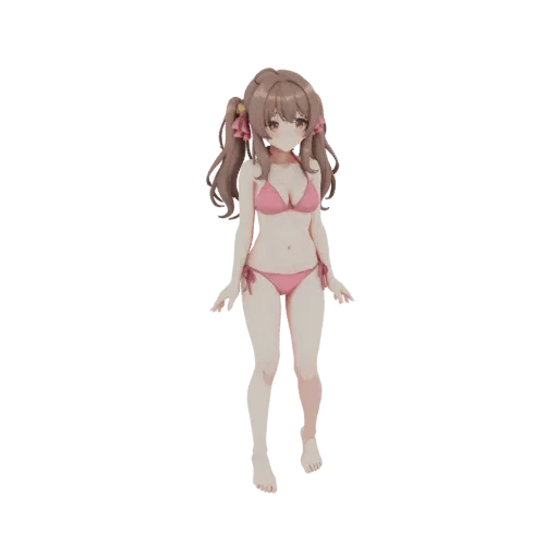 Modello 3D ragazza anime con codini castani in bikini rosa, in piedi con le mani ai fianchi.