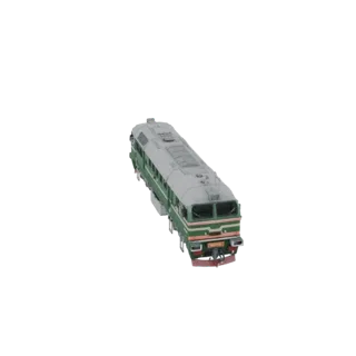 3D model of a green and grey M62 diesel locomotive, viewed from a slightly elevated front-left angle.
