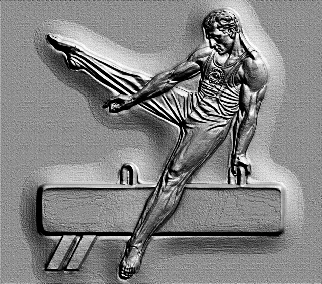 3D model of a gymnast bas-relief performing on a pommel horse, in monochrome style