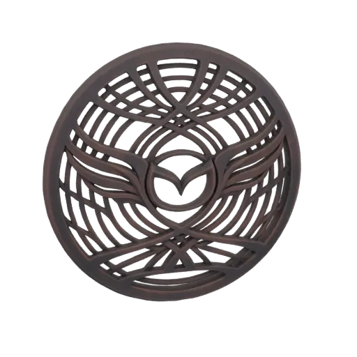 3D model of the Mazda logo emblem with a metallic bronze finish, featuring intricate wing and oval details.